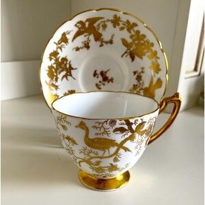 EUC Vtg Coalport Bone China Teacup and Saucer White Gold Birds Butterflies Cairo
